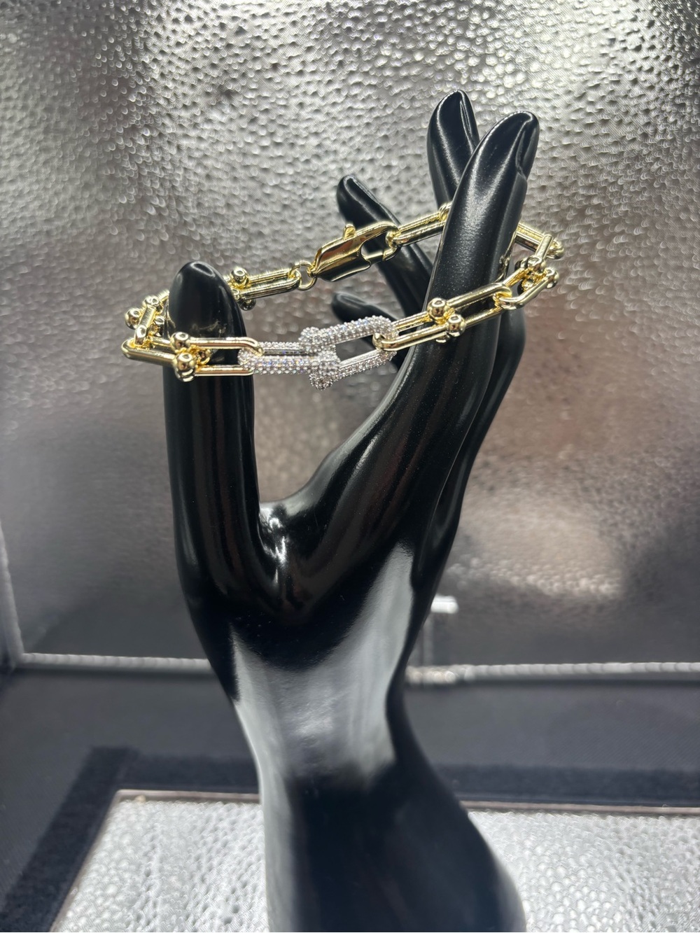 Gold and Silver Link Bracelet with Crystal Accent - Women's Jewelry